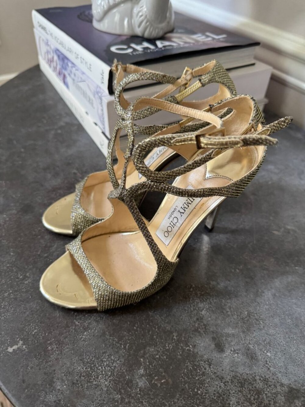 Jimmy Choo Lang Sandals Golden Glitter Strappy Stiletto Heel Size 36.5